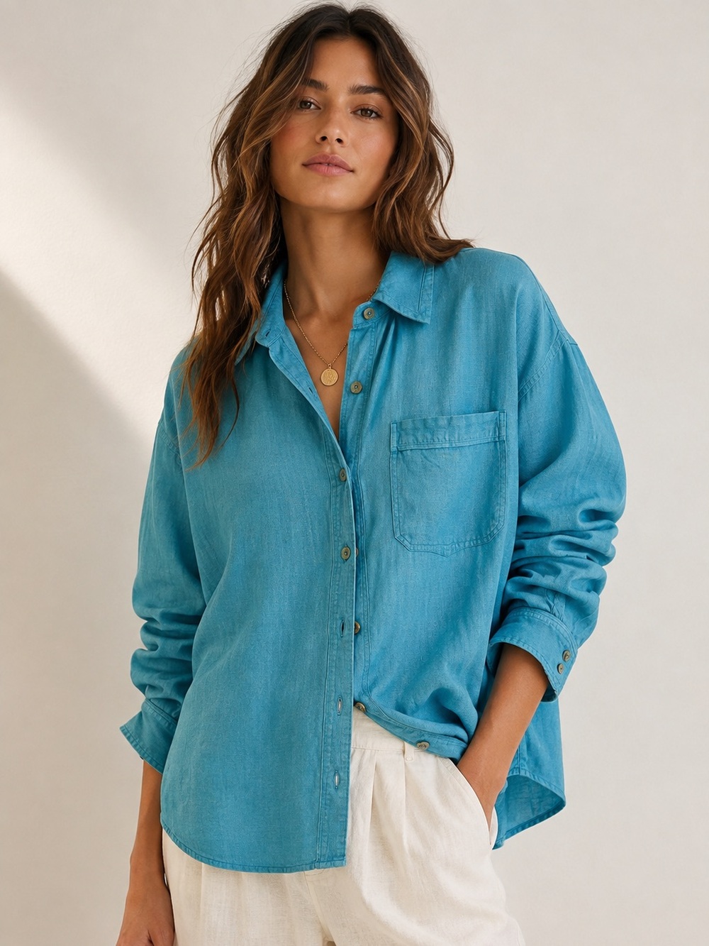NWT Free People We The Free Blue Linen Blend Oversized Button Up Shirt Sz Small